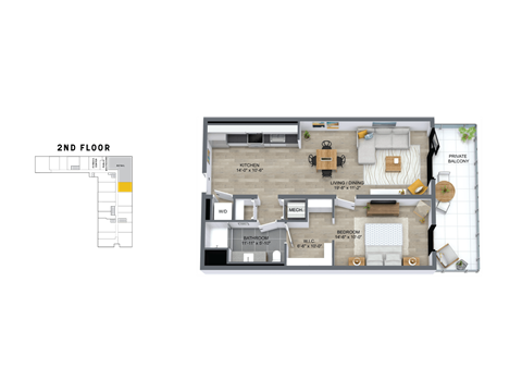Floor plan for 1 bed, 1 bath, 796 sqft